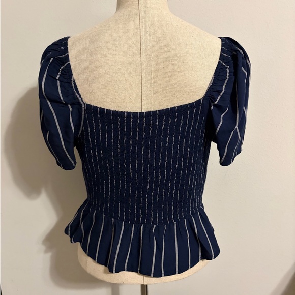 American Eagle Navy Blue Blouse Top W/ White Stripes Tulip Hem Feminine Medium - Picture 12 of 12